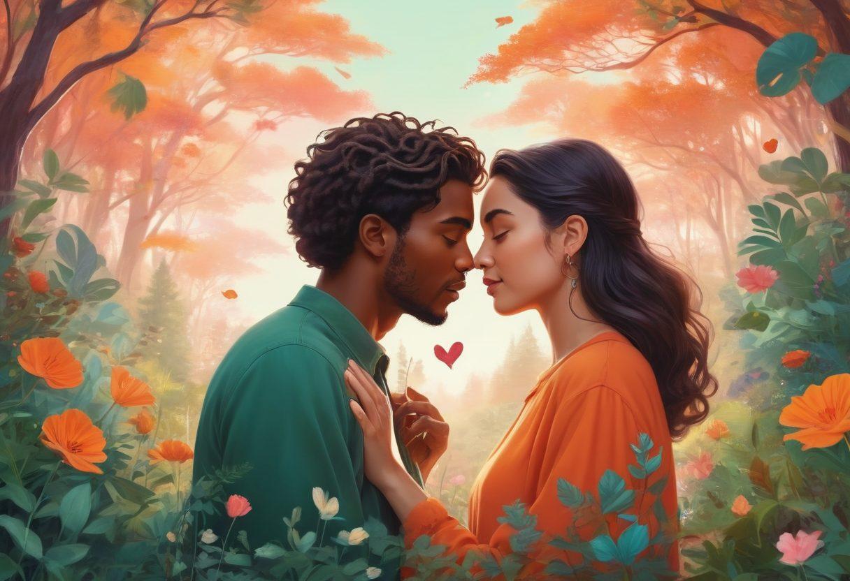 A whimsical illustration of diverse couples engaged in deep conversations, surrounded by floating Myers-Briggs personality type symbols. Each pair exudes warmth and connection, with gentle heart shapes blending into the background. Lush greenery in the background symbolizes growth and emotional wellness. Vibrant colors and soft, dreamy textures enhance the atmosphere of connection and love. super-realistic. vibrant colors. soft focus.