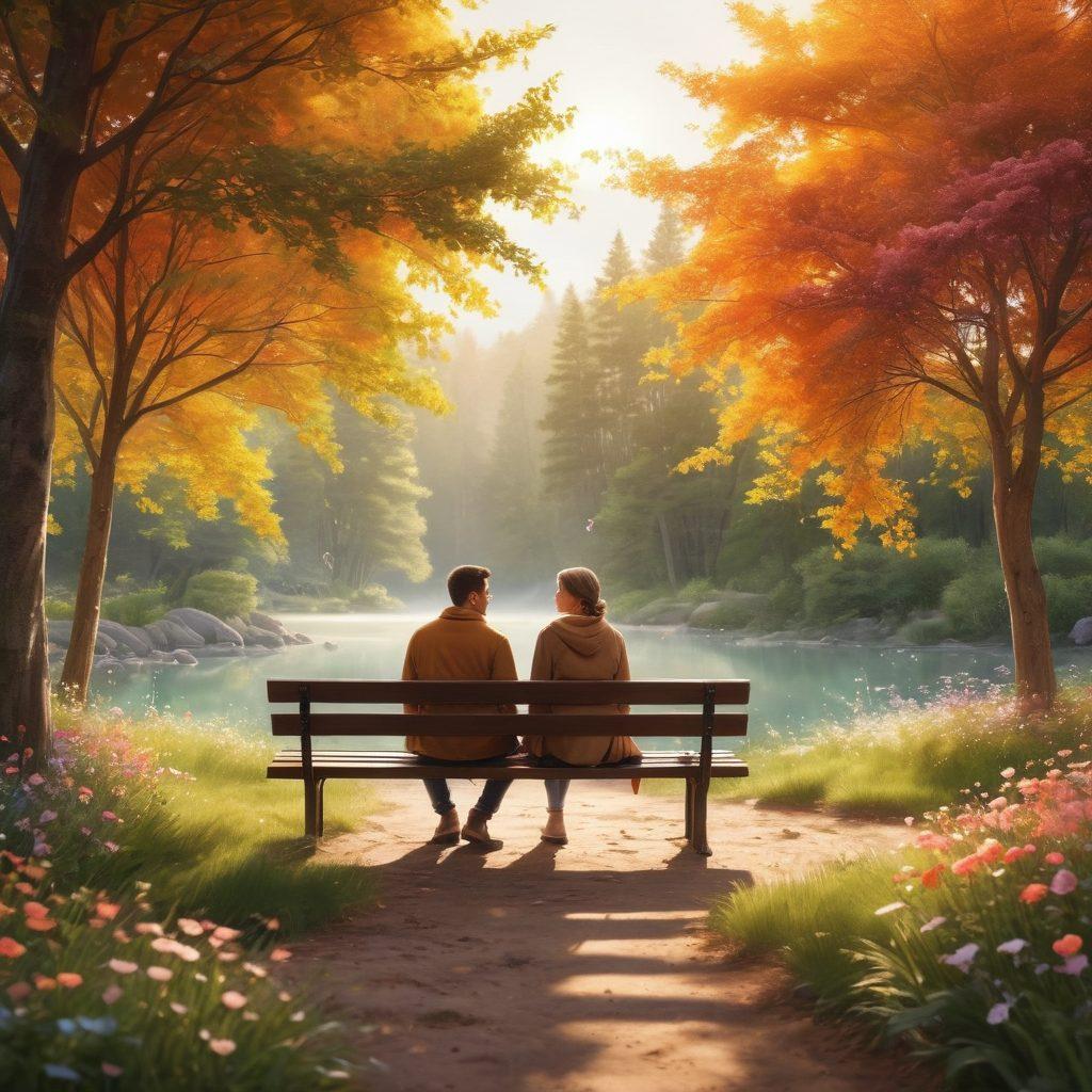A serene and introspective scene depicting a couple sitting together on a bench, surrounded by nature, reflecting their emotions with gentle expressions. Soft light filters through the trees, symbolizing self-awareness and connection. Include subtle elements like floating hearts and a glowing aura to signify emotional wellness. The background features vibrant flowers, representing growth and harmony. super-realistic. warm colors. tranquil atmosphere.