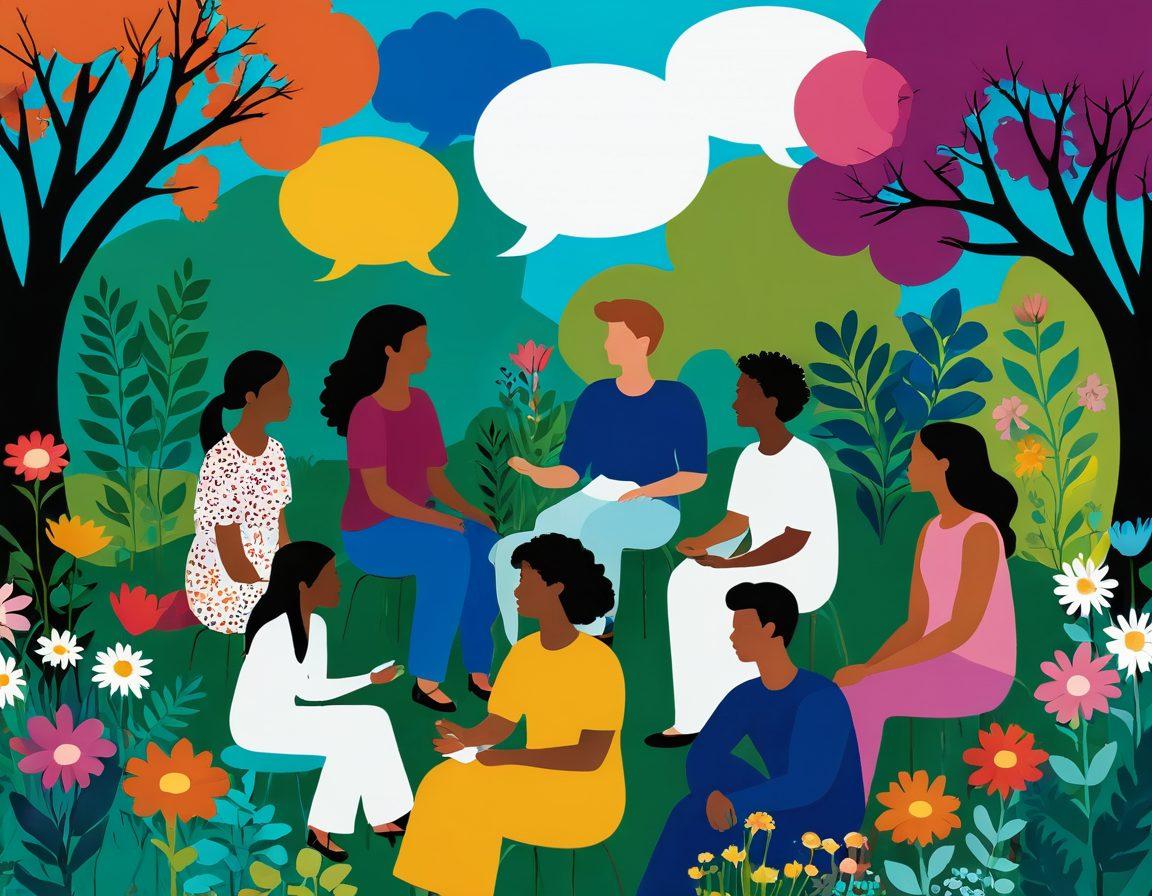 A colorful illustration showing diverse people with thought bubbles containing MBTI personality types, interacting in a harmonious garden setting. Include symbols representing each MBTI type intertwined with plants and flowers, showcasing connection and understanding. The background should feature abstract paths symbolizing relationship dynamics. vibrant colors. vector art. whimsical style.
